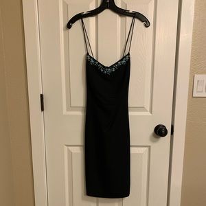 Ann Taylor Black Silk Dress with Blue Embroidery and Spaghetti Straps